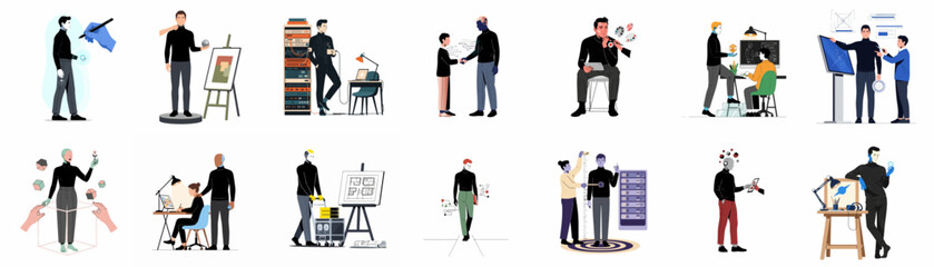 Fototapeta premium Collection of Flat Vector Illustrations Featuring People in Diverse Professional, Creative, and Collaborative Scenes and Work Environments