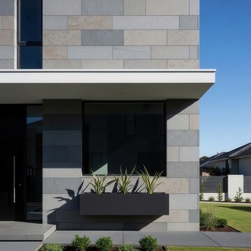 Modern Architectural Facade With Natural Stone Cladding And Planter Box