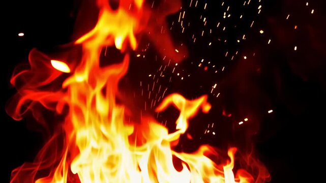 Bright Orange Flames Burning on Black Background