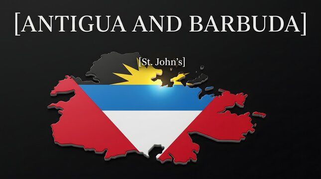 3D Map of Antigua and Barbuda with Flag Texture and Highlighted Capital City Saint John's Isolated on Black Background
