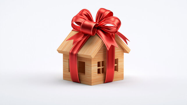 Holzhaus mit roter Geschenkschleife als Symbol f&uuml;r Hauskauf, Immobiliengeschenk und neues Zuhause