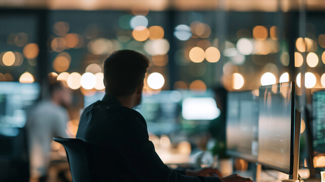 Developer working on computer late at night in a modern office, coding software with city lights bokeh in background