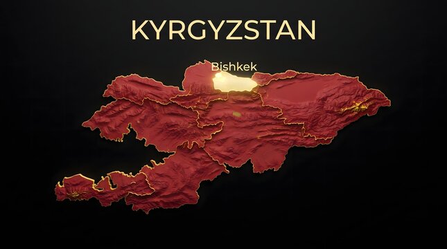 3D Map of Kyrgyzstan with Flag Texture and Highlighted Capital City Bishkek Isolated on Black Background