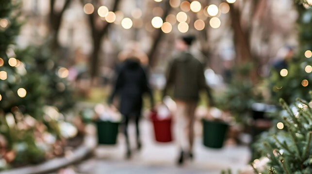 Couple shopping at a festive christmas market, carrying potted trees, enjoying the blurred holiday atmosphere