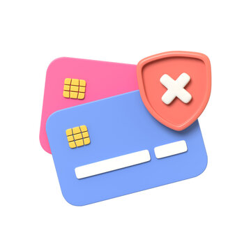 A 3D illustration of credit cards with a red shield icon showing a cross symbol indicating security denial transaction failure payment decline fraud risk prevention.3d render