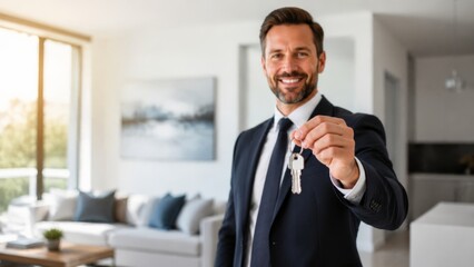 Fototapeta premium A smiling businessman in a dark navy suit holds up a set of house keys while standing in a bright modern living room with a gray sofa, blue pillows, and warm morning sunlight