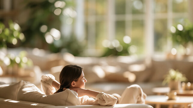 Woman relaxing comfortably on sofa, enjoying sunlight and peaceful leisure at home for wellbeing and serenity