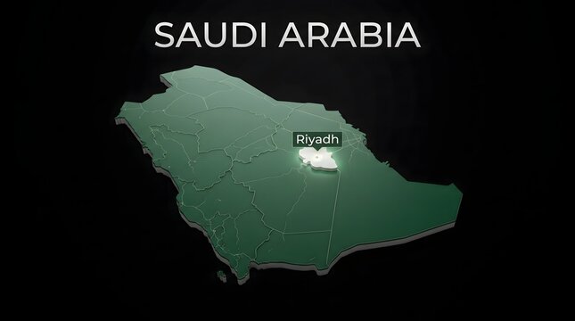 3D Map of Saudi Arabia with Flag Texture and Highlighted Capital City Riyadh Isolated on Black Background