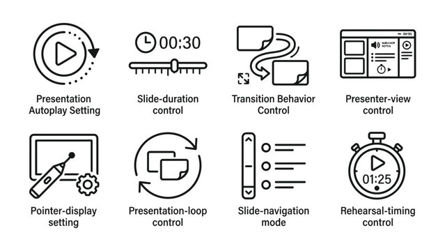 Presentation Controls Icons: A collection of clean, modern line icons illustrating various presentation software features, including autoplay, slide duration, transition behavior, presenter view.
