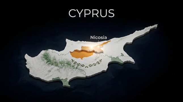 3D Map of Cyprus with Flag Texture and Highlighted Capital City Nicosia Isolated on Black Background