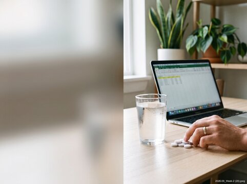 Adult taking a mindful break with antacid tablets near water glass on a busy office desk