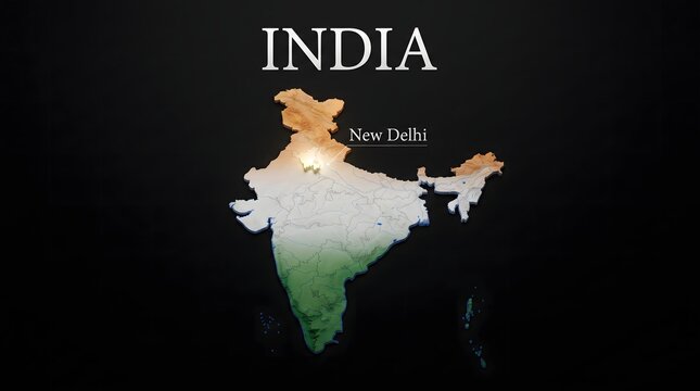 3D Map of India with Flag Texture and Highlighted Capital City New Delhi Isolated on Black Background