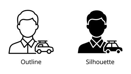 Fototapeta premium Driver and Car Icon: Two graphic representations, an outline and a silhouette, depict a person and a car with a roof rack, symbolizing travel and transportation services.