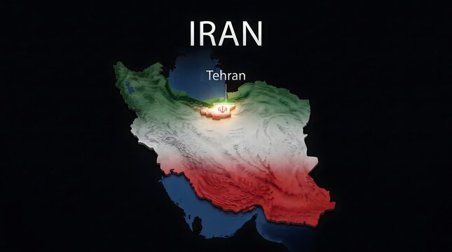 3D Map of Iran with Flag Texture and Highlighted Capital City Tehran Isolated on Black Background