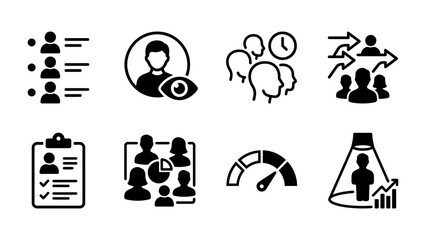 Obraz premium Human Resources Icons Set: A collection of minimalist icons representing key human resources functions including applicant tracking, candidate evaluation, team dynamics, recruitment process.