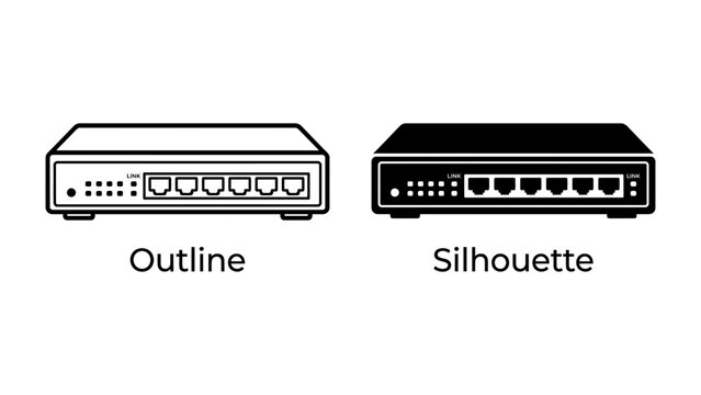 Network Switch Outline and Silhouette: A clear illustration showing two views of a network switch &ndash; one in outline and the other as a silhouette, highlighting its ports and design.
