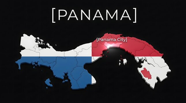 3D Map of Panama with Flag Texture and Highlighted Capital City Panama City Isolated on Black Background