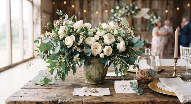 Rustic wedding table setting with white rose flower centerpiece, greenery eucalyptus and rings	하얀 장미 꽃 센터피스, 초록색 유칼립투스, 반지가 있는 소박한 웨딩 테이블 세팅