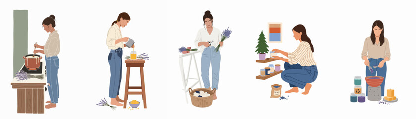 Fototapeta premium A minimalist illustration set showing a woman engaged in various domestic activities like cooking, organizing, and laundry, representing a mindful and productive lifestyle.