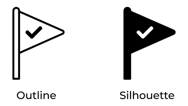 Goal flag icon with checkmark, outline and silhouette, symbolizing success and completion