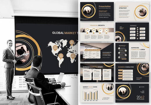 Modern Gold and Black Business Presentation Template for Corporate Branding