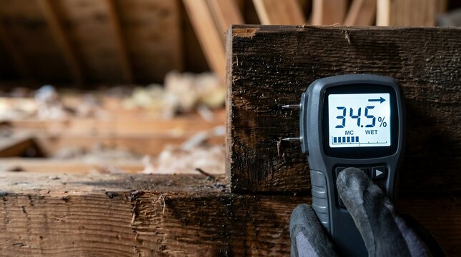 Digital moisture meter measuring high water content in wet timber wood beam construction.