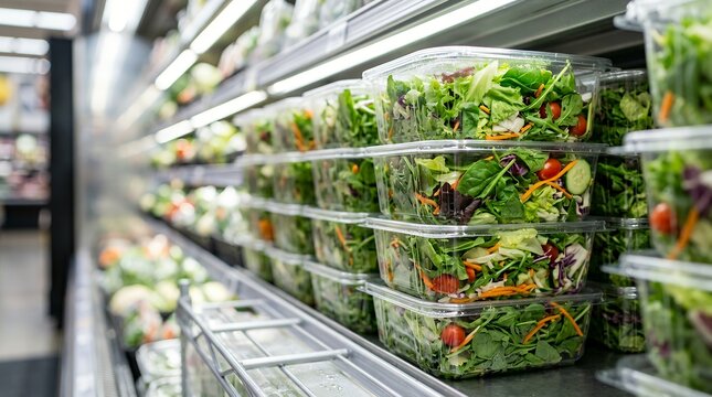 Fresh prepackaged salad containers stacked on a refrigerated grocery store display shelf.