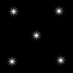 Fototapeta premium Glowing white star sparkles on black background, set of 5 bright light flares, radiant starburst vector elements for holiday design
