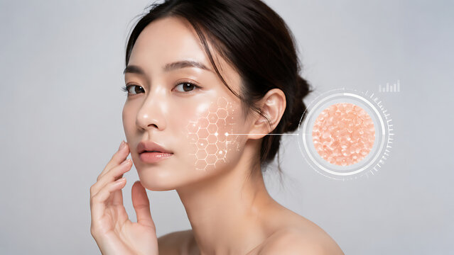Beauty portrait of young woman with cellular skin inset and facial graphics, illustrating skincare technology, complexion assessment, hydration, and cosmetic research.