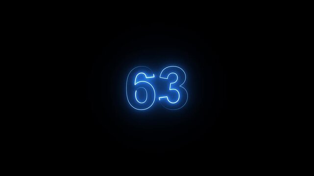 Animation of glowing neon cyan color number text animation . cyan , neon number 63 .neon color, neon lighting,63 percentage discount animated- 4k black background animation video