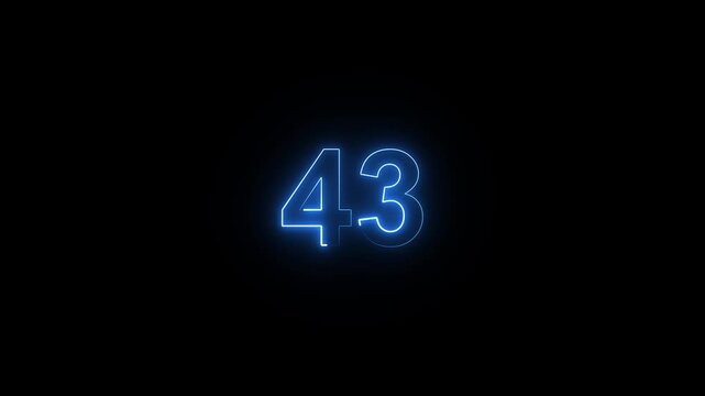 Animation of glowing neon cyan color number text animation . cyan , neon number 43 .neon color, neon lighting,43 percentage discount animated- 4k black background animation video