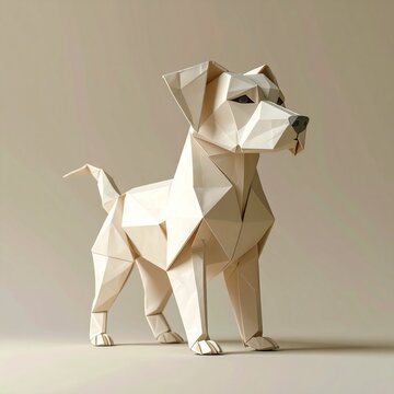 Mockup de un perro mascota origami sobre fondo neutro, iluminaci&oacute;n suave, estilo minimalista, espacio en blanco para dise&ntilde;o personalizado