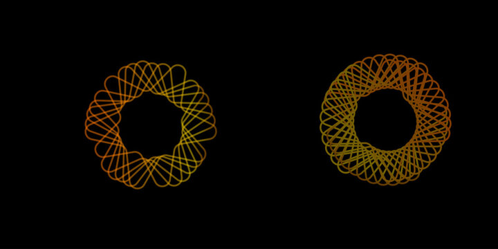 Golden geometric spirograph mandalas, set of 2 circular line art ornaments, elegant glowing wireframe vector elements for luxury branding