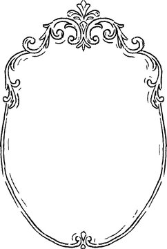Elegant baroque wedding frame with ornate crest. Vintage oval line border with rococo scrollwork offers blank space for invitations, monograms, labels or elegant cards.