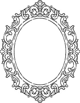 Royal oval wedding frame with ornate scrollwork. Vintage baroque line illustration with elegant floral flourishes and blank center for monograms, invitations or portraits. Crayon textured lines.