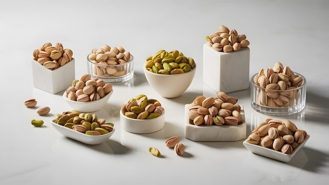 Roasted pistachio nuts arranged in diverse elegant ceramic bowls and marble stands on white table surface