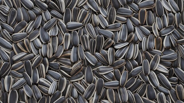Raw striped sunflower seeds arranged in a dense pattern forming a textured organic monochrome background surface