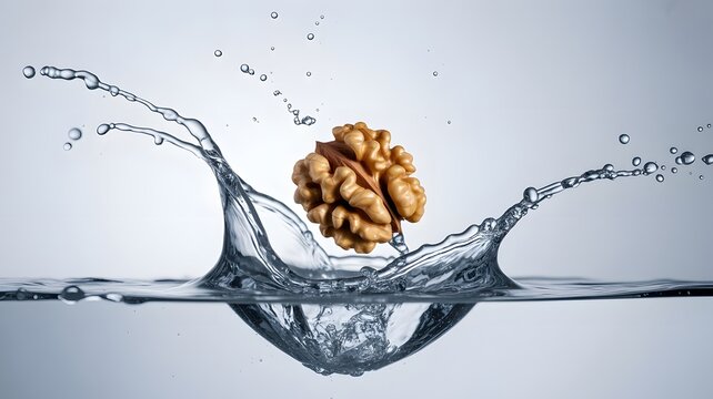 Brown walnut falling into clear water creating a beautiful splash against a clean white background