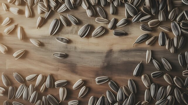 Dried organic sunflower seeds scattered randomly over a rustic wooden surface with natural warm lighting tones