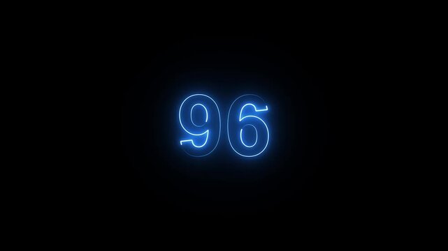 Animation of glowing neon cyan color number text animation . cyan , neon number 96 .neon color, neon lighting,96 percentage discount animated- 4k black background animation video