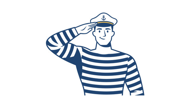 Friendly male sailor in a striped shirt and captain cap smiles while giving a respect salute over a white background.