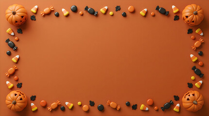 Fototapeta premium Flat lay of small pumpkins and assorted halloween candy arranged as a border on a solid orange background