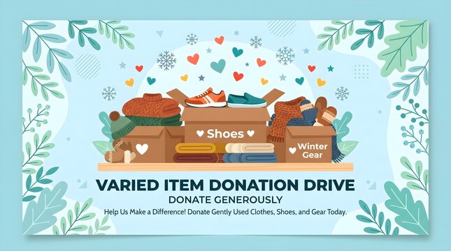 Varied Item Donation Drive Banner with Shoe Box, Winter Gear, and Clothing Illustration
