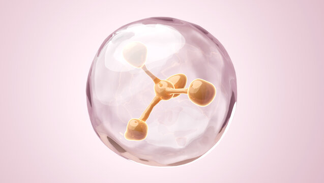 pink round liquid drop containing gold molecule active serum 3d render