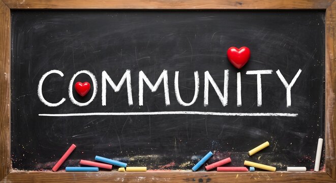Chalk Lettering "COMMUNITY" with a Red Heart on a Blackboard Background