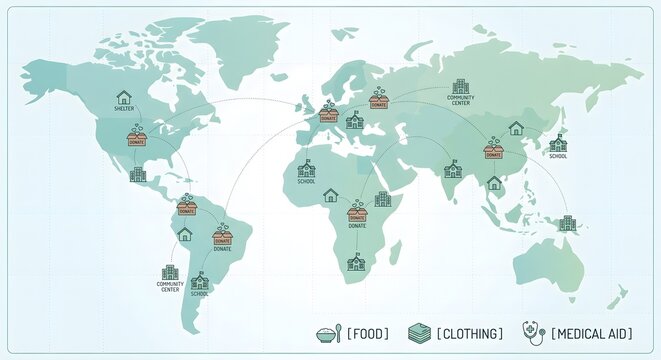 Illustrated World Map Showing Global Charity, Food, Clothing, and Medical Aid Routes