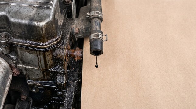 Car engine oil leak concept photo. Black oil dripping from a disconnected rubber hose near a dirty greasy engine block onto cardboard