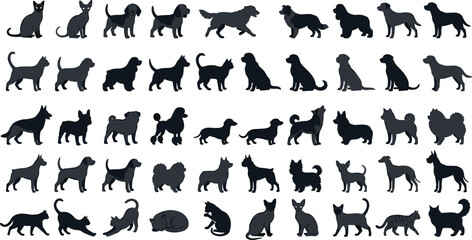 Fototapeta premium Large set of flat cat and dog silhouettes icons with different pet breeds shapes vector illustration on white background (19 words)