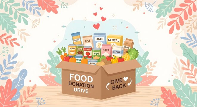 Illustrated Donation Box Labeled "FOOD DONATION DRIVE + GIVE BACK"