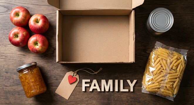 Cardboard Box Labeled "FAMILY" with Tag, Pasta, Canned Goods, and Jam